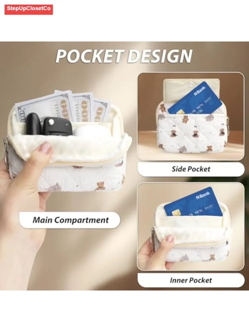 Quilted Floral Coin Purse Wallet for Women with Keychain, Compact Zipper Pouch